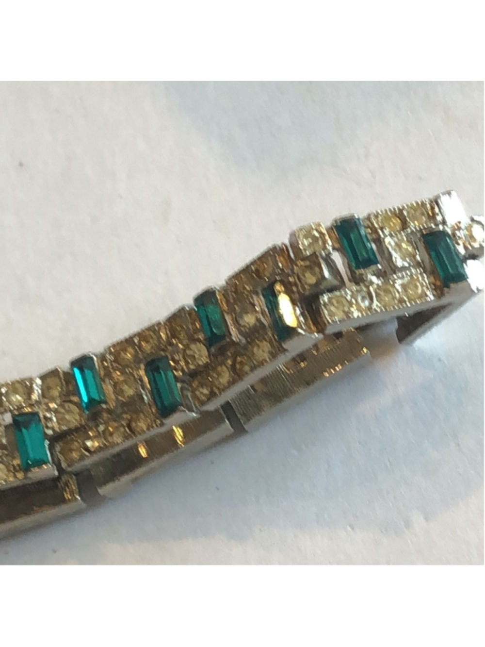 Vintage Silver Tone Green Rhinestone Boho Bracelet - Picture 6 of 8